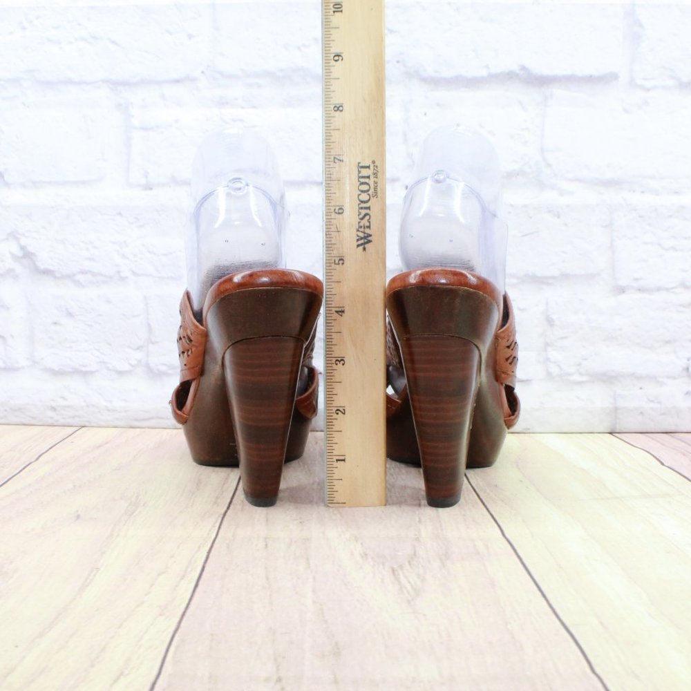 Frye Sage Cut Brown Leather Slip On Platform Heeled Sandals Size 9 Medium - Picture 6 of 9